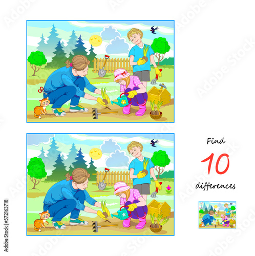 Find 10 differences. Illustration of family working in spring garden. Logic puzzle game for children and adults. Page for kids brain teaser book. Developing counting skills. Vector drawing.