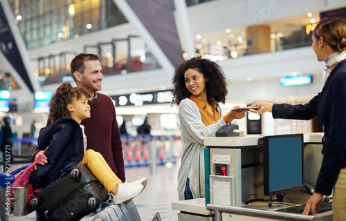 Family, travel and holiday, child with parents at airport with happiness, excited and ready for adventure with passport. Happy people, diversity and freedom with vacation abroad, flight and airplane