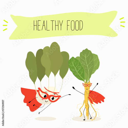 Vector Illustration with funny cartoon characters horseradish, kohlrabi. Funny and healthy food. Vitamins, cute face food, ingredients, vegetarian, vector cartoon, antioxidant.