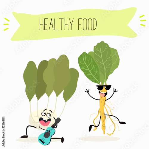 Vector Illustration with funny cartoon characters horseradish, kohlrabi. Funny and healthy food. Vitamins, cute face food, ingredients, vegetarian, vector cartoon, antioxidant.