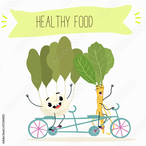 Vector Illustration with funny cartoon characters horseradish, kohlrabi. Funny and healthy food. Vitamins, cute face food, ingredients, vegetarian, vector cartoon, antioxidant.