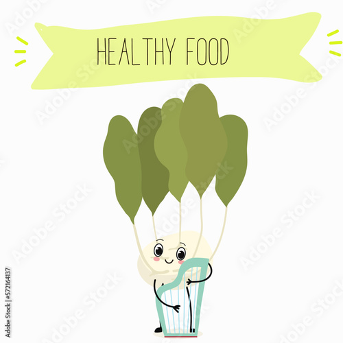 Vector Illustration with funny cartoon characters horseradish, kohlrabi. Funny and healthy food. Vitamins, cute face food, ingredients, vegetarian, vector cartoon, antioxidant.