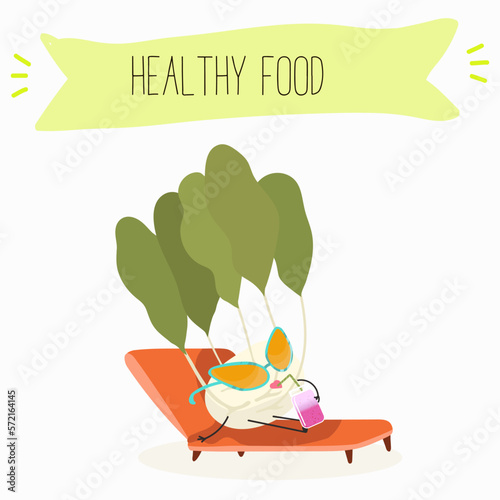 Vector Illustration with funny cartoon characters horseradish, kohlrabi. Funny and healthy food. Vitamins, cute face food, ingredients, vegetarian, vector cartoon, antioxidant.