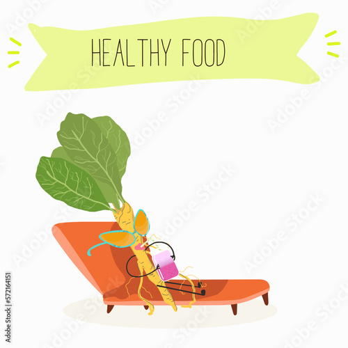 Vector Illustration with funny cartoon characters horseradish, kohlrabi. Funny and healthy food. Vitamins, cute face food, ingredients, vegetarian, vector cartoon, antioxidant.