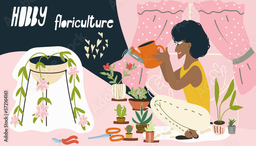 Collage on the theme of flower care, floriculture, girl, african american woman watering flowers at home, vector illustration of cartoon characters.