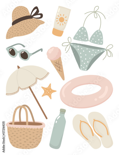 Set of beach objects in flat style