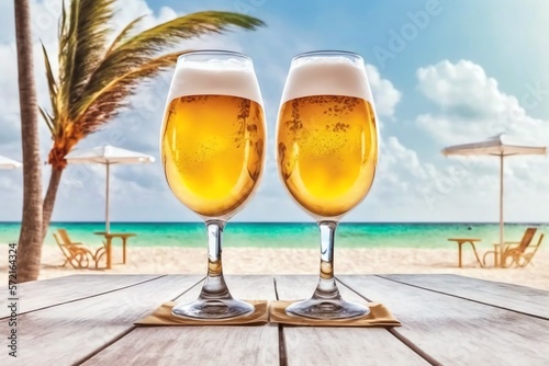 Beer on a beach. Cold beer glass on beatiful coast beach with calm sea. Generative AI