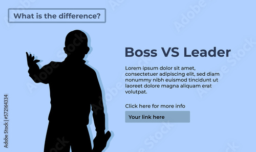 Boss vs leader themed vector banner or poster design template with descriptive text placement guide isolated on gray template. Presentation design with simple flat art style.