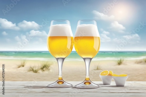 Beer on a beach. Cold beer glass on beatiful coast beach with calm sea. Generative AI