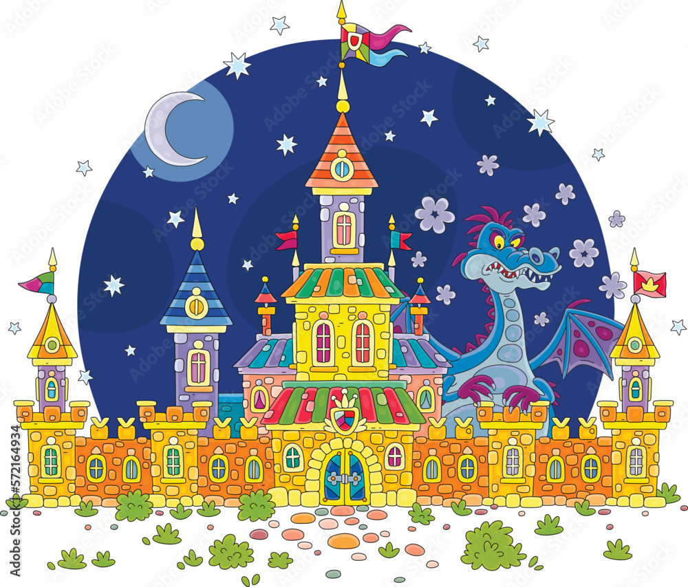 Fairytale castle with high towers, defensive stone walls, gates, waving royal flags and a mythical fire-breathing dragon guarding it on a mysterious moonlit night, vector cartoon illustration