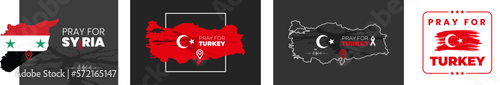 Pray for Syria and pray for turkey background. Map of Syria in color of national flag with cracks. Syria earthquake. Vector illustration