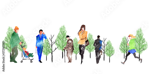 いろいろな人々がいる風景の水彩画