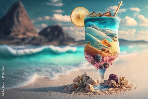 Cocktail on a beach. Cold drink on beatiful coast beach with calm sea. Generative AI photo