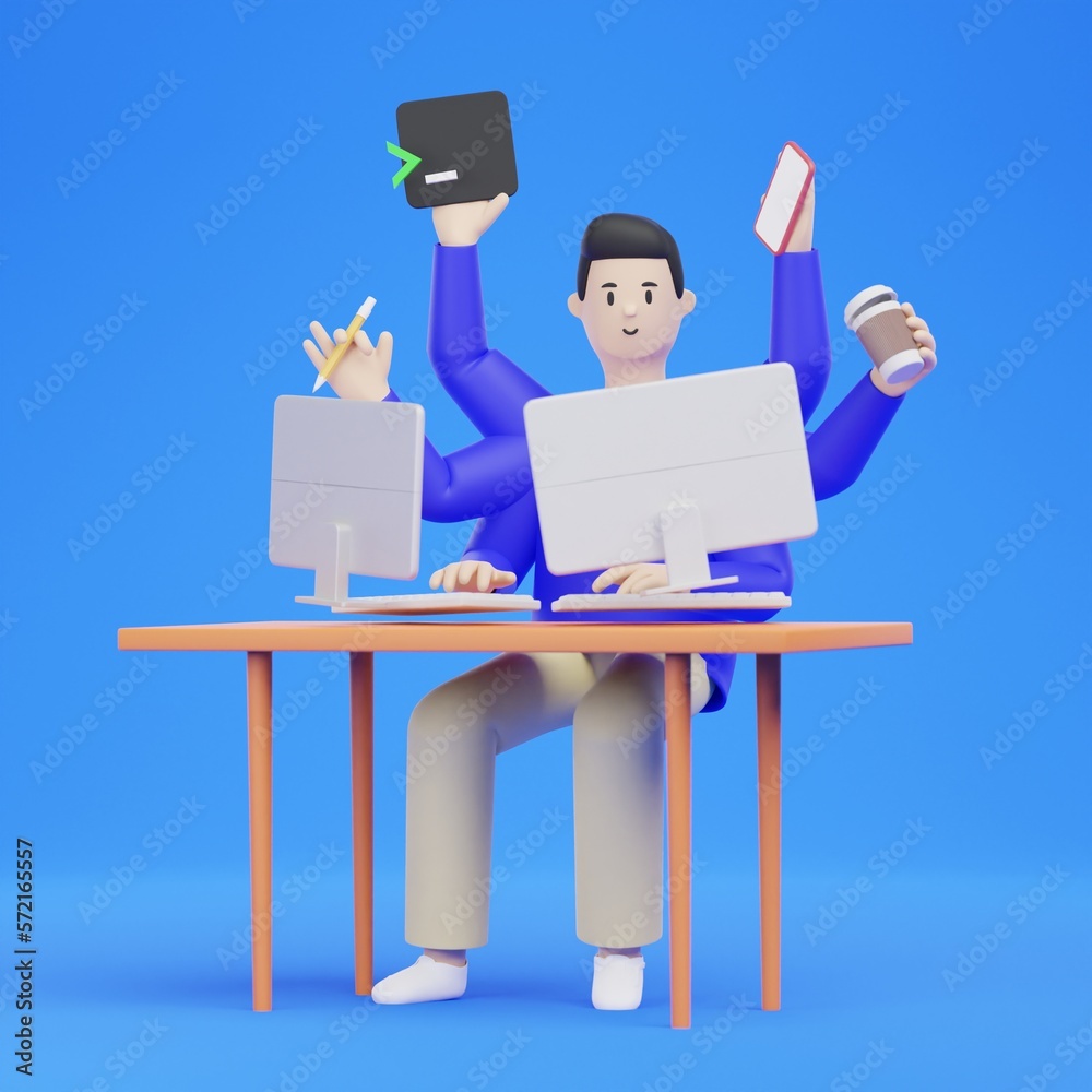 3D Man Working Office Overload Multitask Teamwork Happy Programming Coding 3D Man Working Office Overload Multitask Teamwork Happy Programming Coding