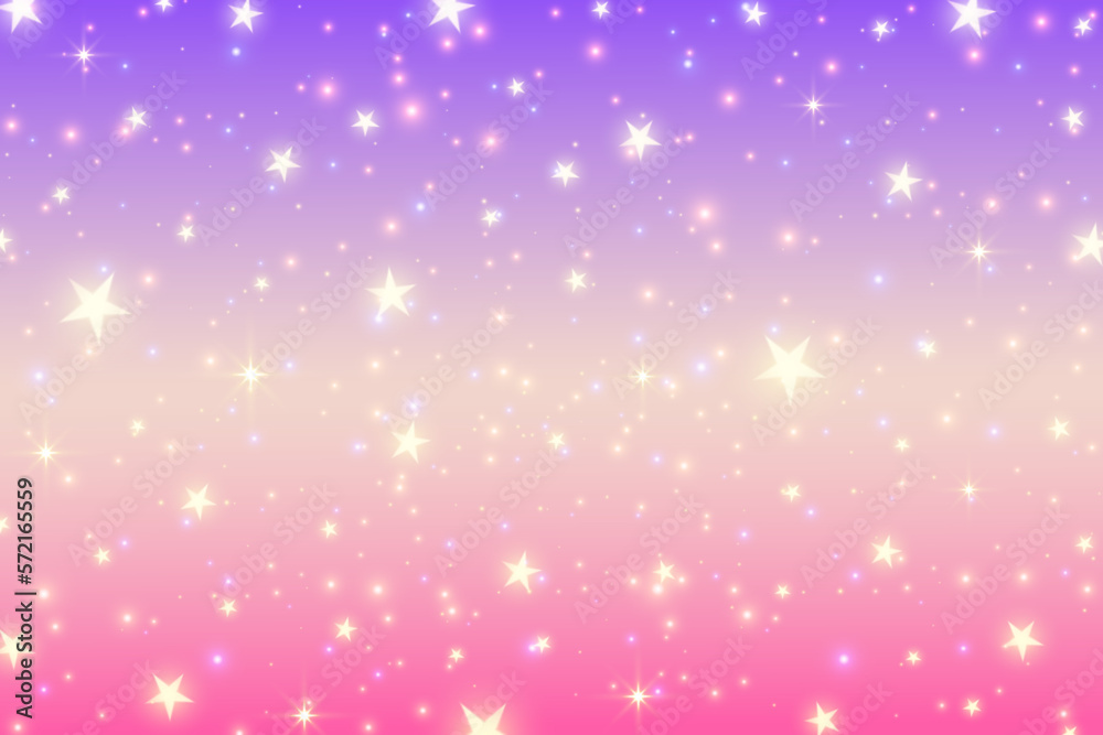 Pink unicorn background. Pastel gradient color sky with glitter. Magic galaxy space and stars. Vector abstract pattern.