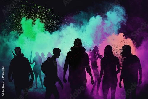 Silhouette of a group of people celebrating Holi festival with colours. Digital painting created using Generative AI