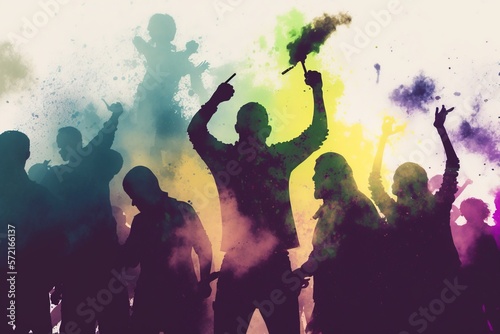Silhouette of a group of people celebrating Holi festival with colours. Digital painting created using Generative AI