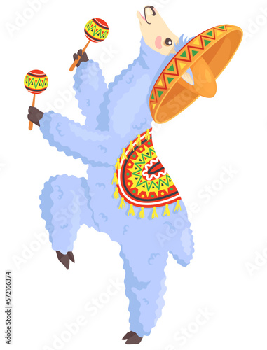 Cute llama alpaca maracas isolated vector cartoon