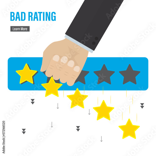 Big fist shooting down rating, concept banner. Stars are falling in turns. Negative review or testimonials, customer feedback. Stars rating, grading system. Bad ranking, unhappy clients.