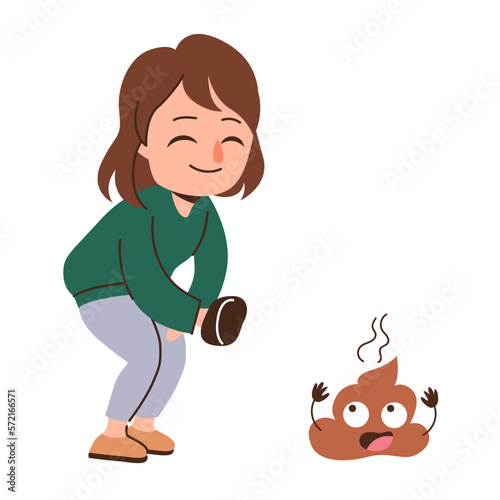 Young woman picking dog shit after daily routine walk. Cleaning Social issue concept