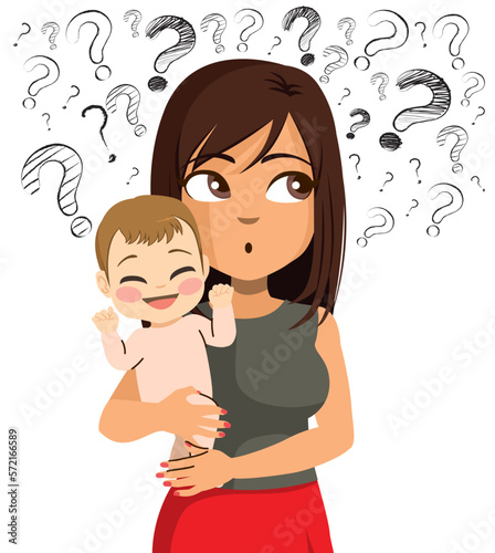 Vector illustration of young new mother with baby child having many questions. Mom feeling confused and inexperienced