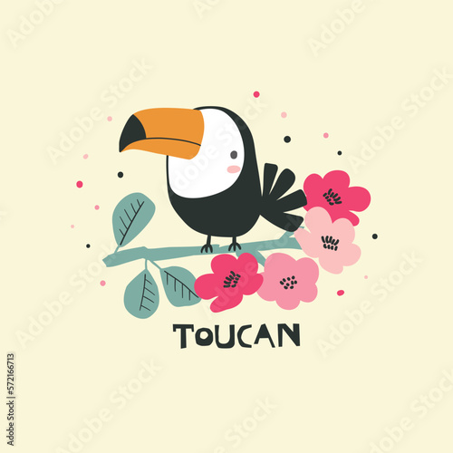 Hand drawn funny toucan bird with tropical flowers. Cartoon design for kids. Perfect for shirt, wallpaper, poster, print. Isolated vector illustration