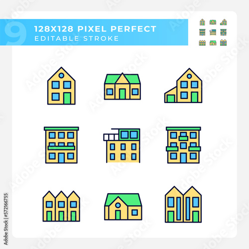 Property purchase pixel perfect RGB color icons set. Real estate agency. Apartments and houses. Luxury property. Isolated vector illustrations. Simple filled line drawings collection. Editable stroke