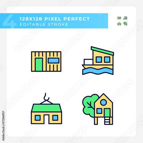 Compact houses pixel perfect RGB color icons set. Modular and container homes. Treehouse for recreation. Isolated vector illustrations. Simple filled line drawings collection. Editable stroke