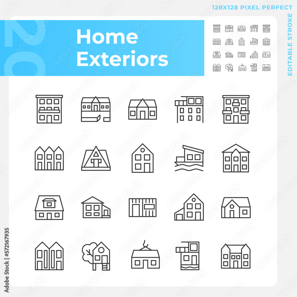 Home exteriors pixel perfect linear icons set. Real estate agency. Buying property. Detached house, mansion. Customizable thin line symbols. Isolated vector outline illustrations. Editable stroke