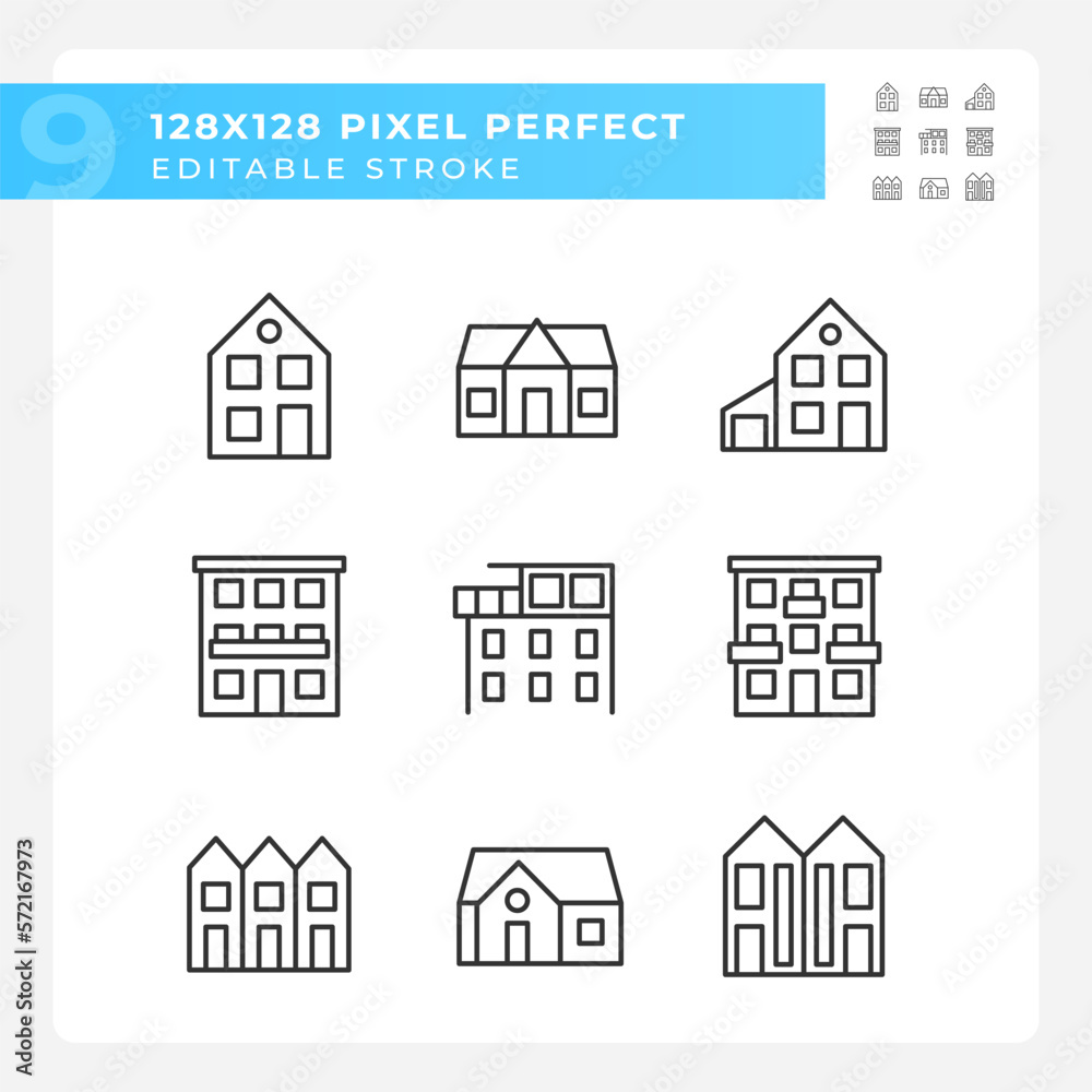 Property purchase pixel perfect linear icons set. Real estate agency. Apartments and houses. Luxury property. Customizable thin line symbols. Isolated vector outline illustrations. Editable stroke