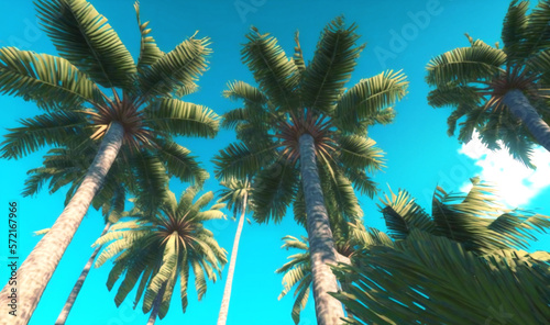 Gaze up at the towering palm trees against a vintage blue sky  transporting yourself to a tranquil tropical beach paradise