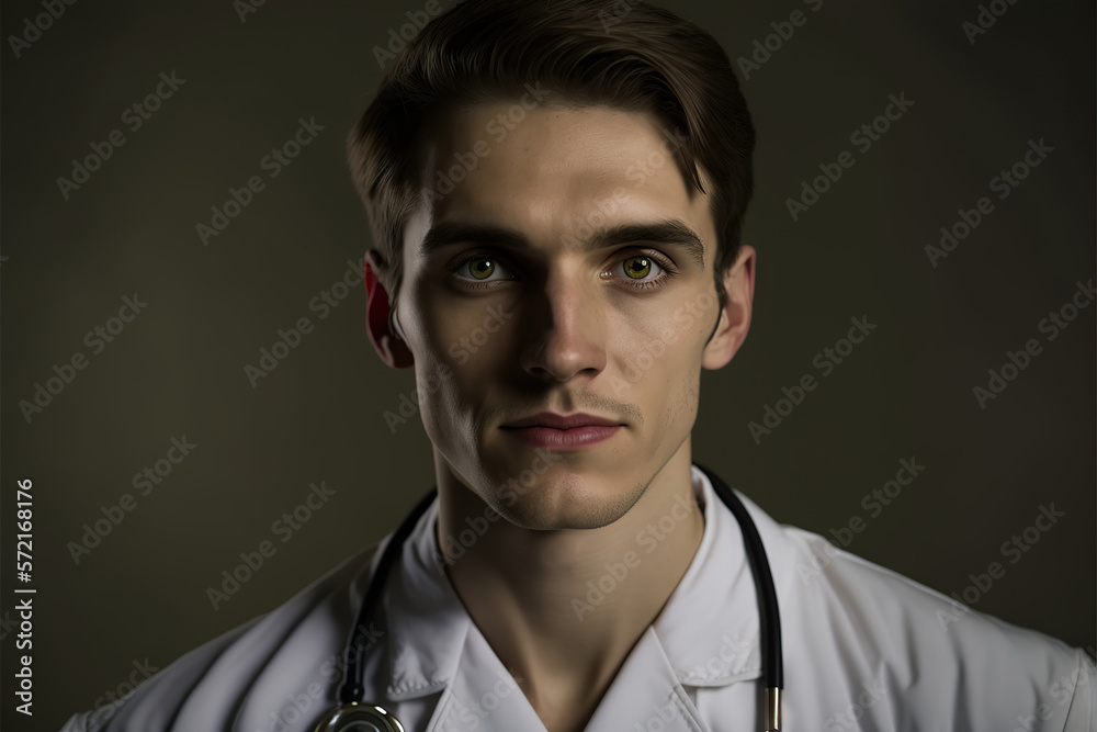 Portrait young caucasian male doctor. Generative AI illustration. Portrait young caucasian male doctor. Generative AI illustration.