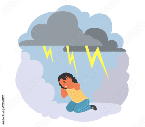 Child fears vector little girl afraid of lightning