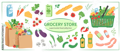 Grocery purchases set  paper  bags with products  food basket. Grocery store. Supermarket food collection. Vector Illustration