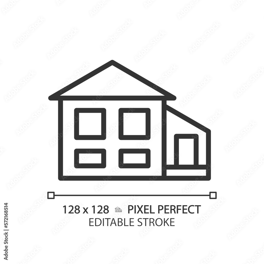 Split-level house pixel perfect linear icon. Bi-level home. Detached suburban building. Property buying. Real estate. Thin line illustration. Contour symbol. Vector outline drawing. Editable stroke Split-level house pixel perfect linear icon. Bi-level home. Detached suburban building. Property buying. Real estate. Thin line illustration. Contour symbol. Vector outline drawing. Editable stroke