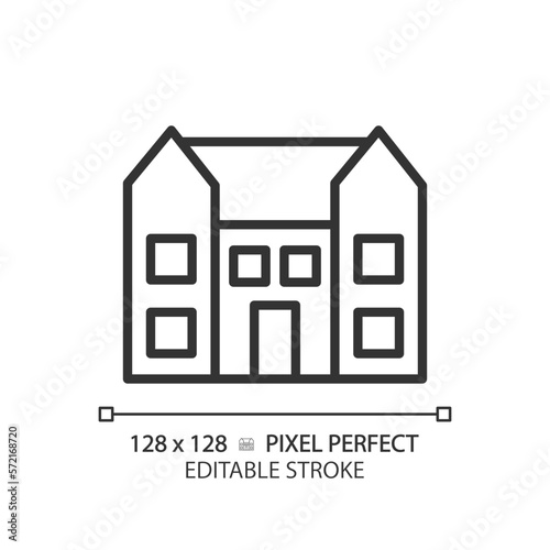Mansion pixel perfect linear icon. Large dwelling house. Luxury real estate. Purchase expensive property. Residence. Thin line illustration. Contour symbol. Vector outline drawing. Editable stroke
