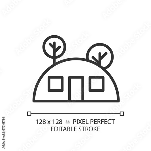 Underground house pixel perfect linear icon. Alternative dwelling. Purchase real estate. Bunker. Eco friendly living. Thin line illustration. Contour symbol. Vector outline drawing. Editable stroke