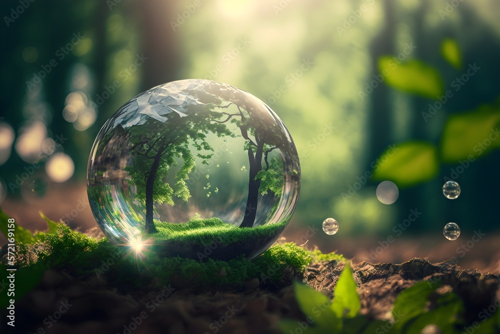 Saving environment, Save ecology and clean planet, Earth crystal glass globe on green sunny background Saving environment, Save ecology and clean planet, Earth crystal glass globe on green sunny background