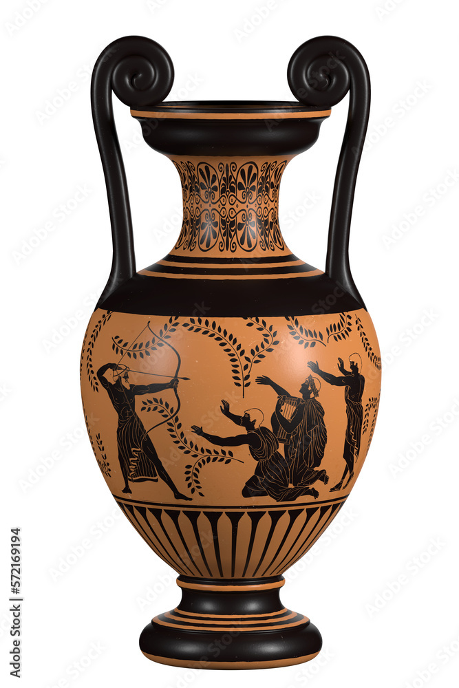 Antique ancient greek wine vase with meander pattern and ornament isolated on white background. Mythological plot of Odysseus against the suitors of Penelope. 3d render