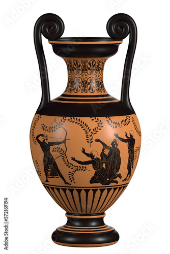 Antique ancient greek wine vase with meander pattern and ornament isolated on white background. Mythological plot of Odysseus against the suitors of Penelope. 3d render