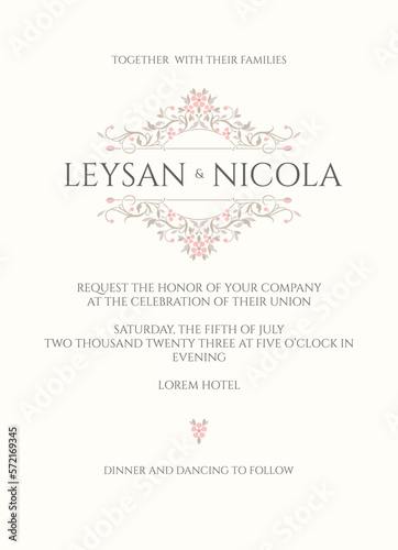 Elegant wedding invitation template. Decorative pink and beige floral border. Graphic page design.