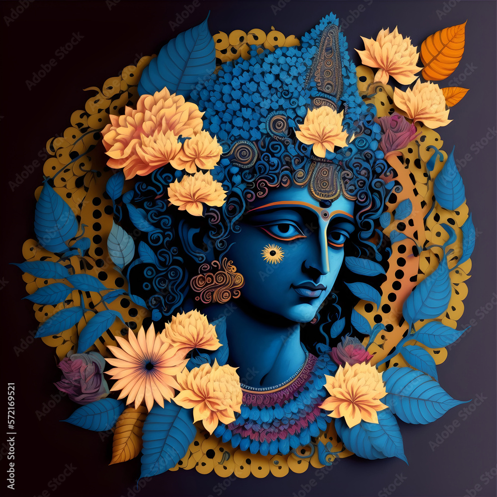 Hindu God Shree Krishna Painting (symbol of Devine Love). Lord Krishna avatar, Generative AI