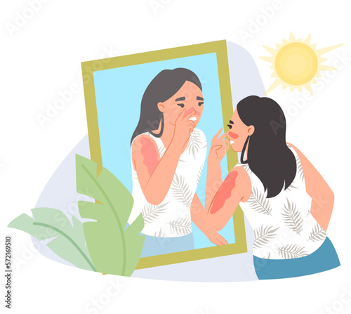 Young woman touching sunburned nose flat vector