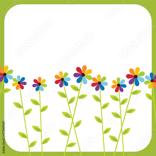 Design of greeting card with rainbow flowers and space for text. Vector illustration.