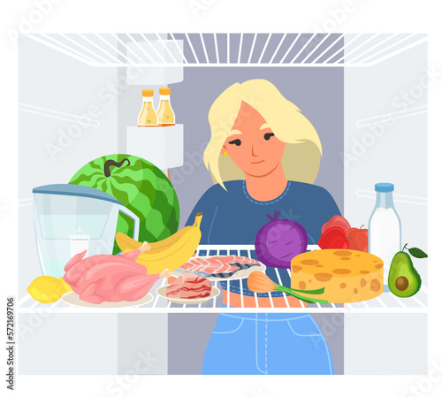 Vector young girl looking inside opened refrigerator