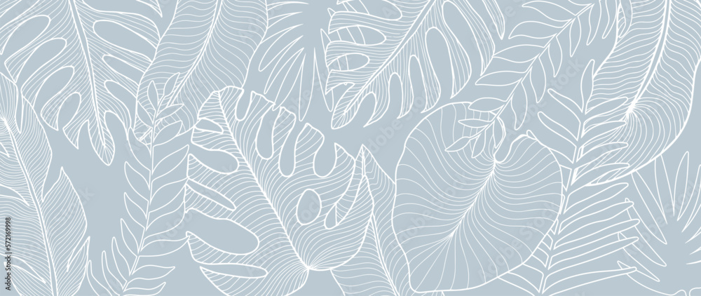 Fototapeta premium Vector tropical illustration in pale blue colors with palm leaves, monstera, fern for backgrounds, covers, decor, presentations, wallpapers