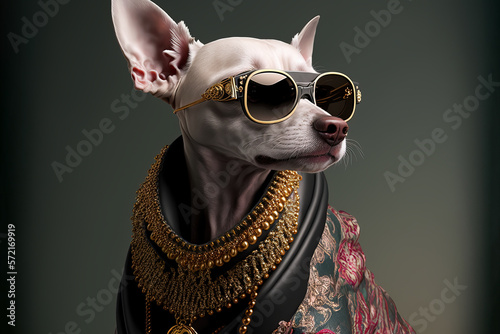Dog  wearing a fashion clothes and accessory. Pet portrait in clothing. Dog fashion. Post-processed generative AI   © Katynn