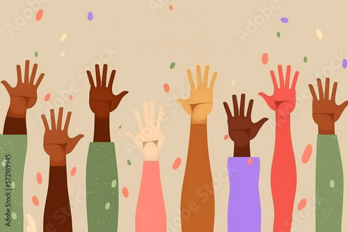 International women’s day,Horizontal poster with different skin color women’s hand up. Generative AI	