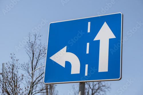 Go straight direction traffic sign. Direction of road signs for cars. Turn left - symbol for safety driving