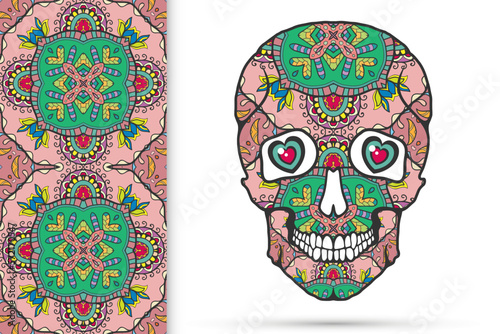 Day of The Dead colorful Sugar Skull with doodle ornament and decorative seamless floral geometric pattern. Hand drawn art background, tattoo, Halloween party card design, textile or paper print